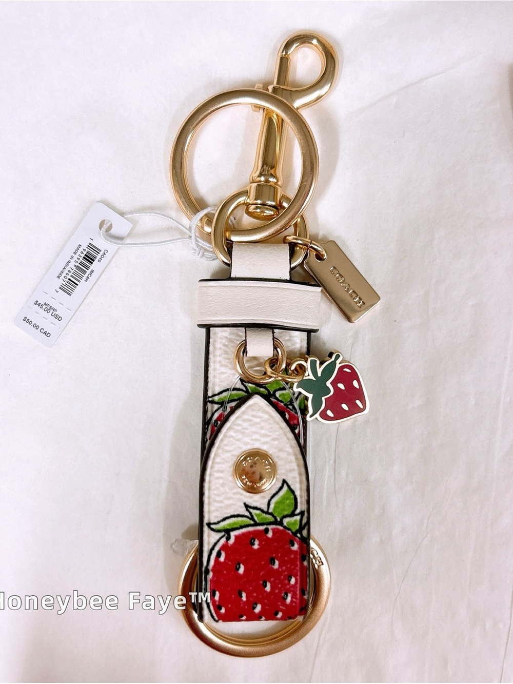 Coach trigger White Leather Strawberry Key Ring with Gold Hardware